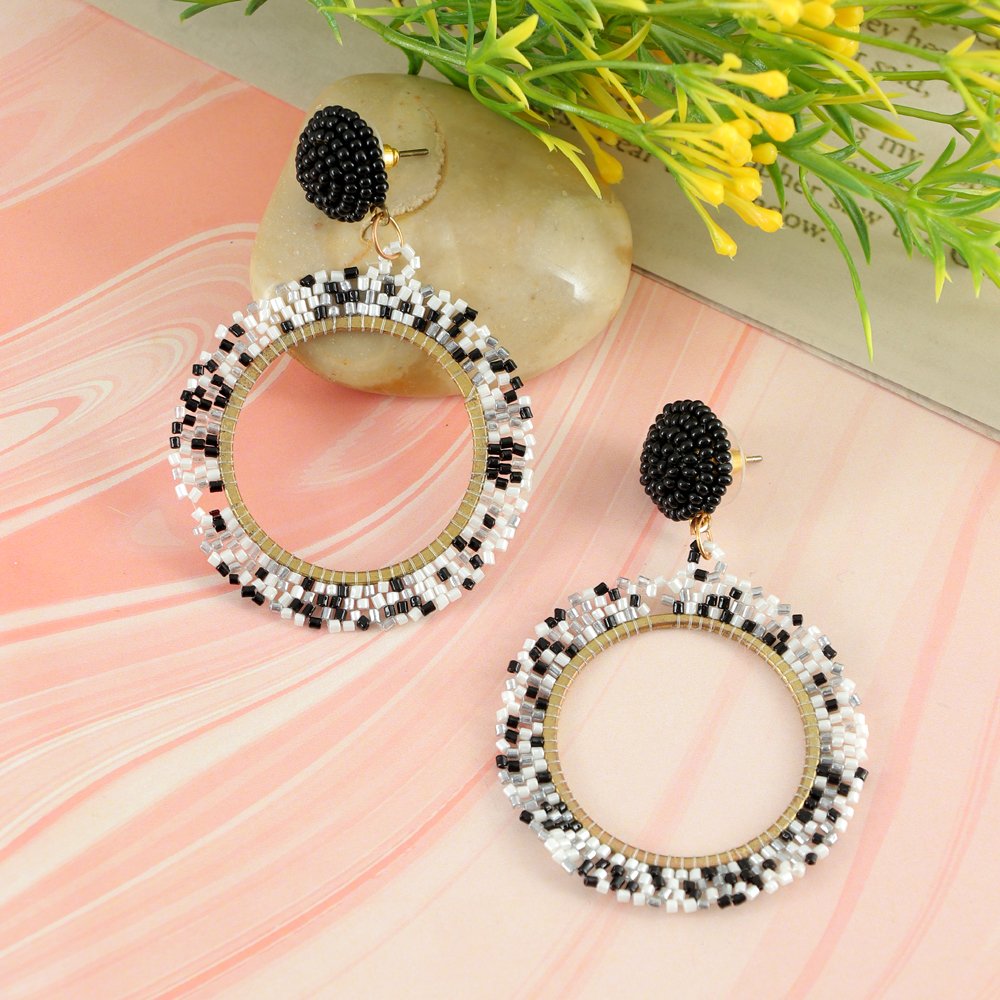 Gold-Plated Handcrafted Black& White Beaded Earrings image 0