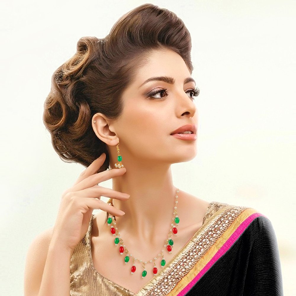 Gold-Plated Red & Green Pearl Beads Chain Jewellery Set image 4