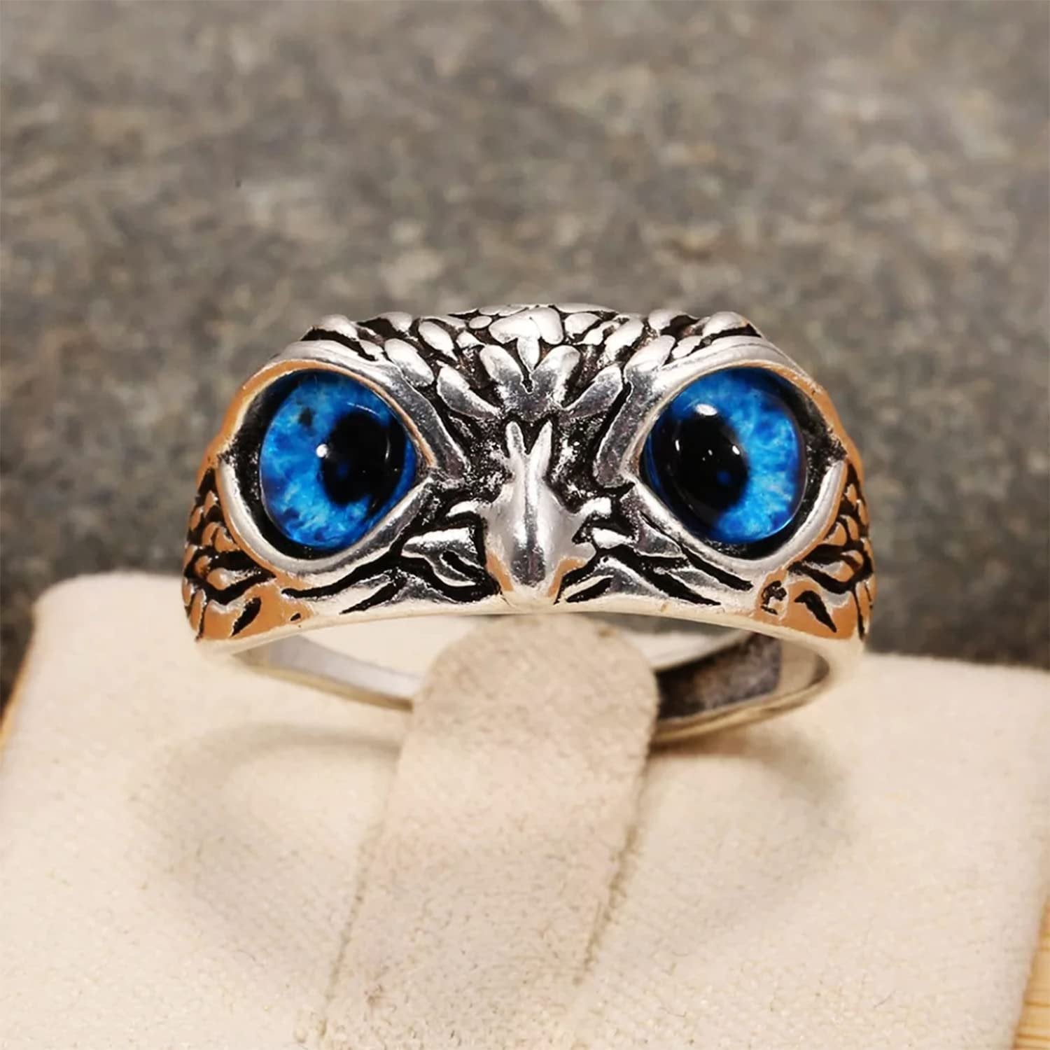 Oxidised Silver Owl Ring Blue Cat Eyes Adjustable Finger Ring image 2