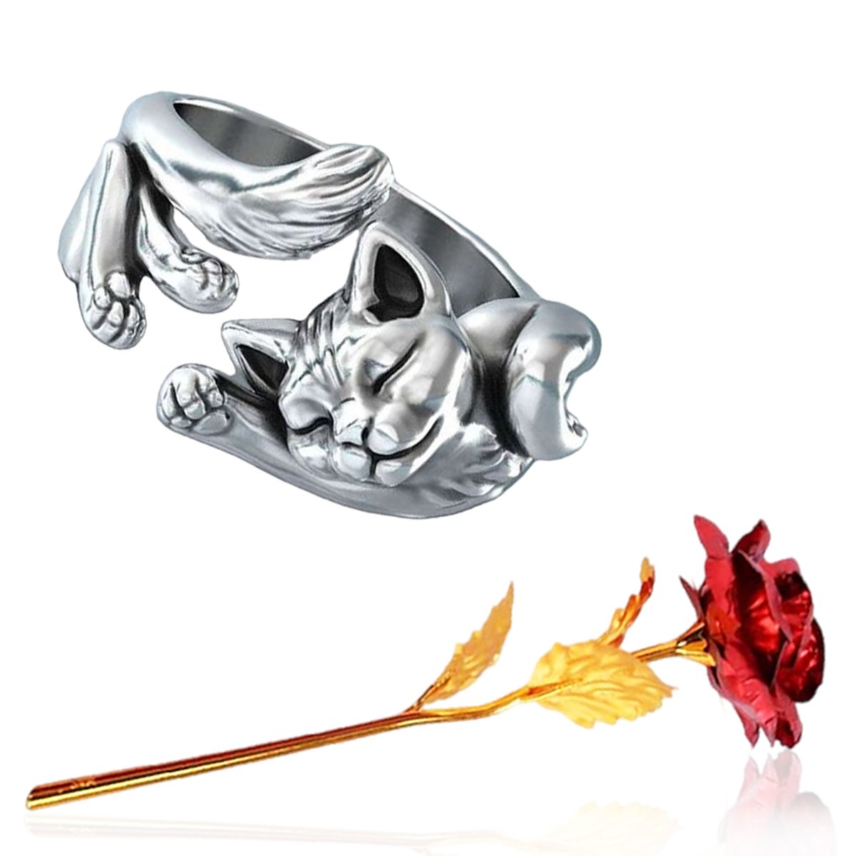 Valentine's Day Gift Set Cat Ring & Red Rose Combo image 1
