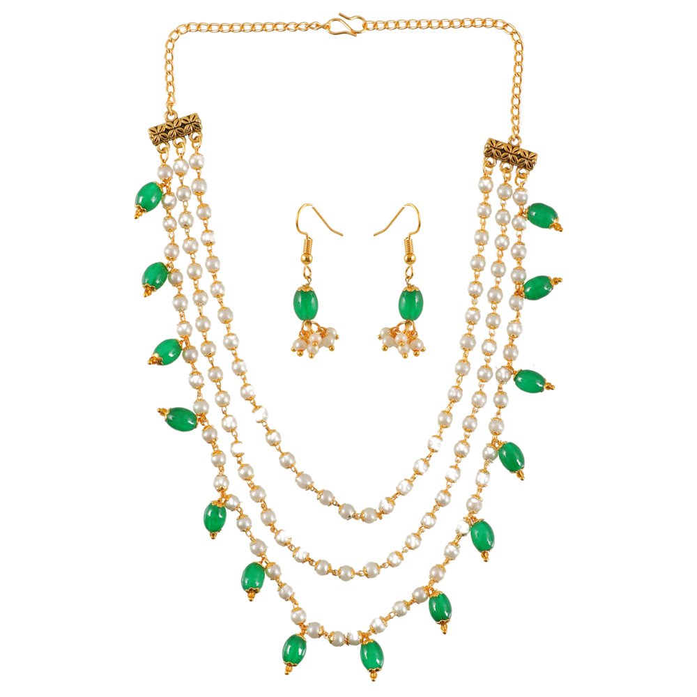 Gold-Plated Triple Layered Green & White Pearl Jewellery Set image 3