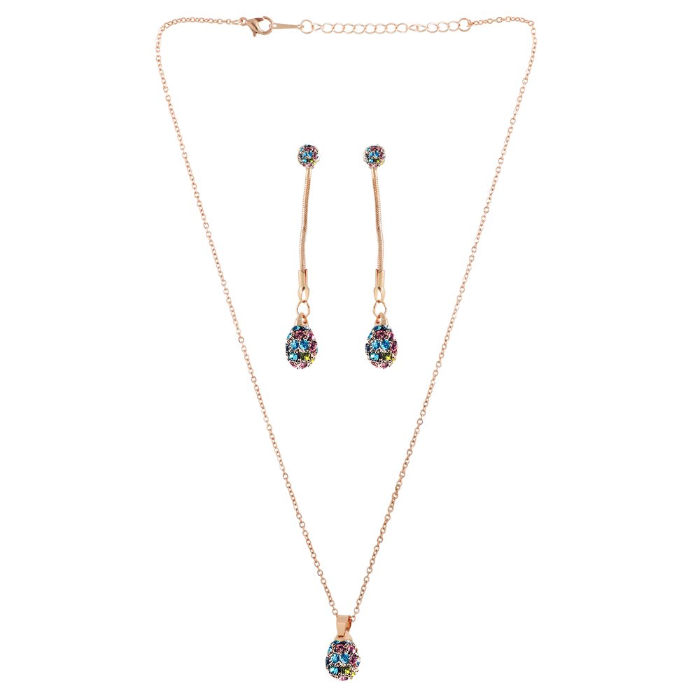 Gold-Plated Korean Design Cubic Zirconia Multicolor Chain Pendant Necklace& Earring Set image 3