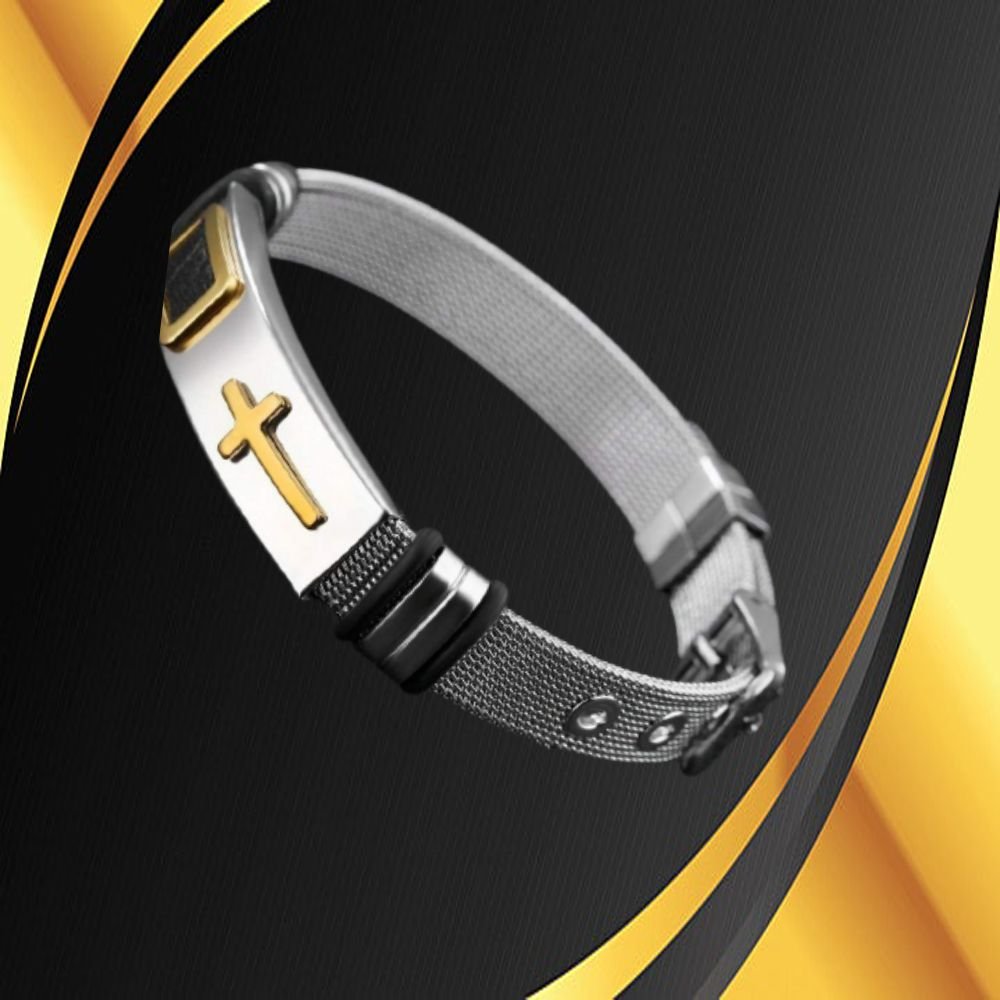 Men's Silver-Plated Mesh Cross Engraved Gold Raised Bracelet image 0