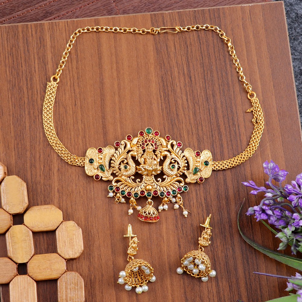 Women's Gold-Plated Goddess Lakshmi Temple Choker Jewellery Set image 0