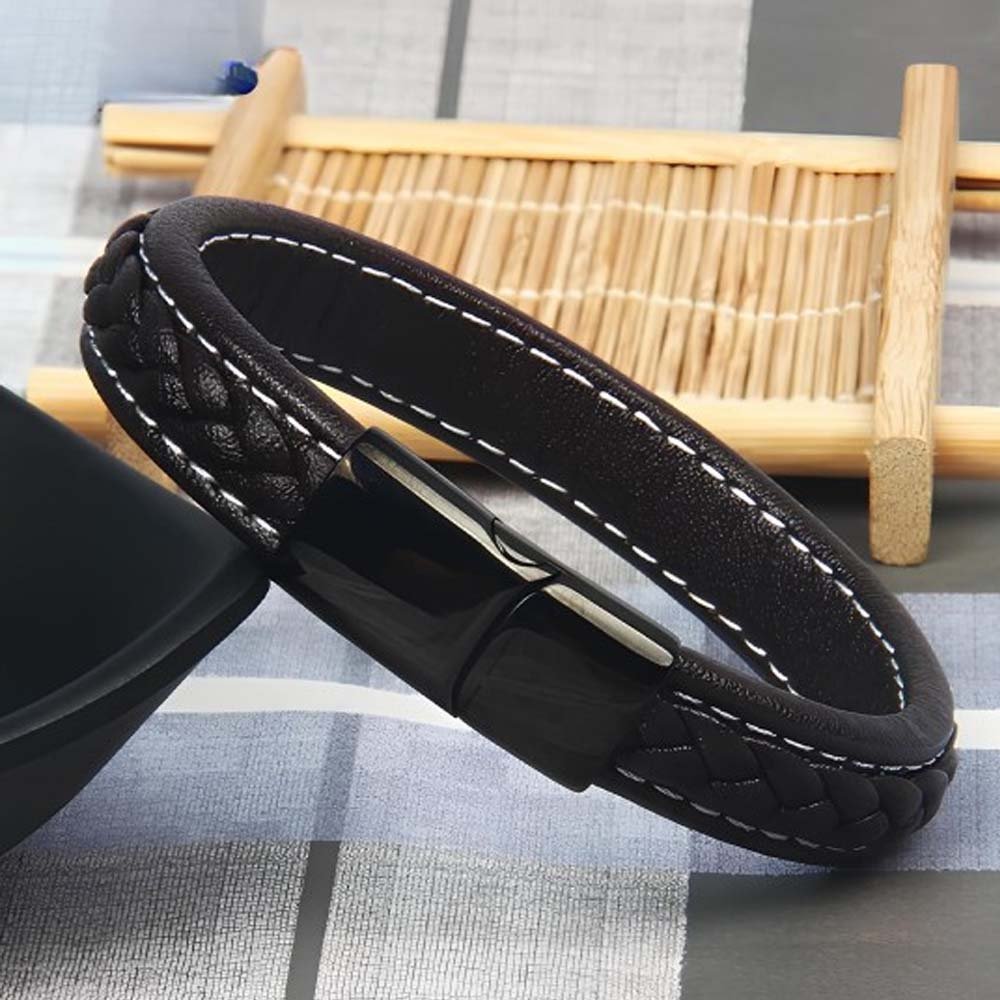 Men's Braided Leather Bracelet with Steel Magnetic Clasp image 0