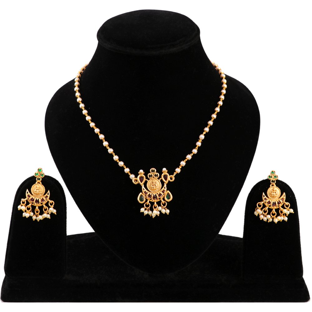 Gold-Plated Jadau Pearl Coin Temple Jewellery Set image 3