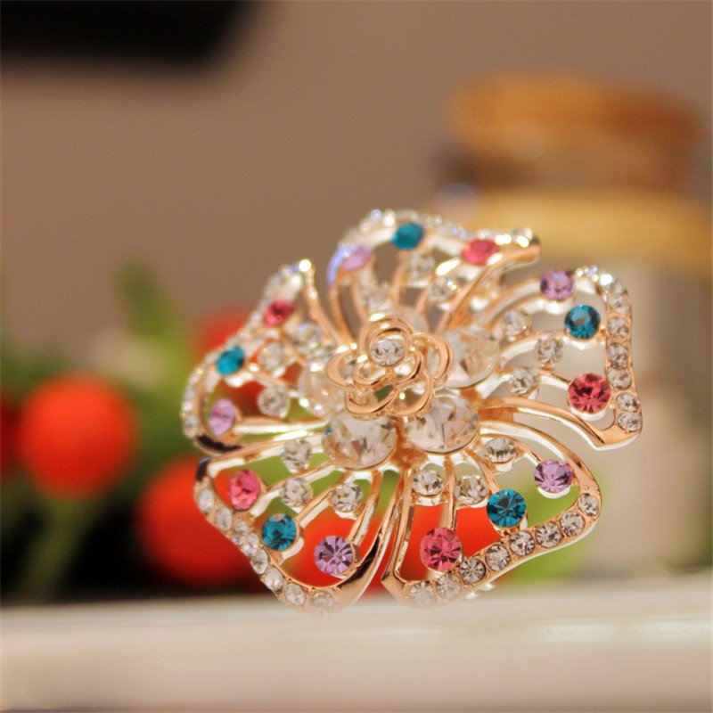 Gold-Plated Multicolor Crystal Studd Floral Brooch image 1