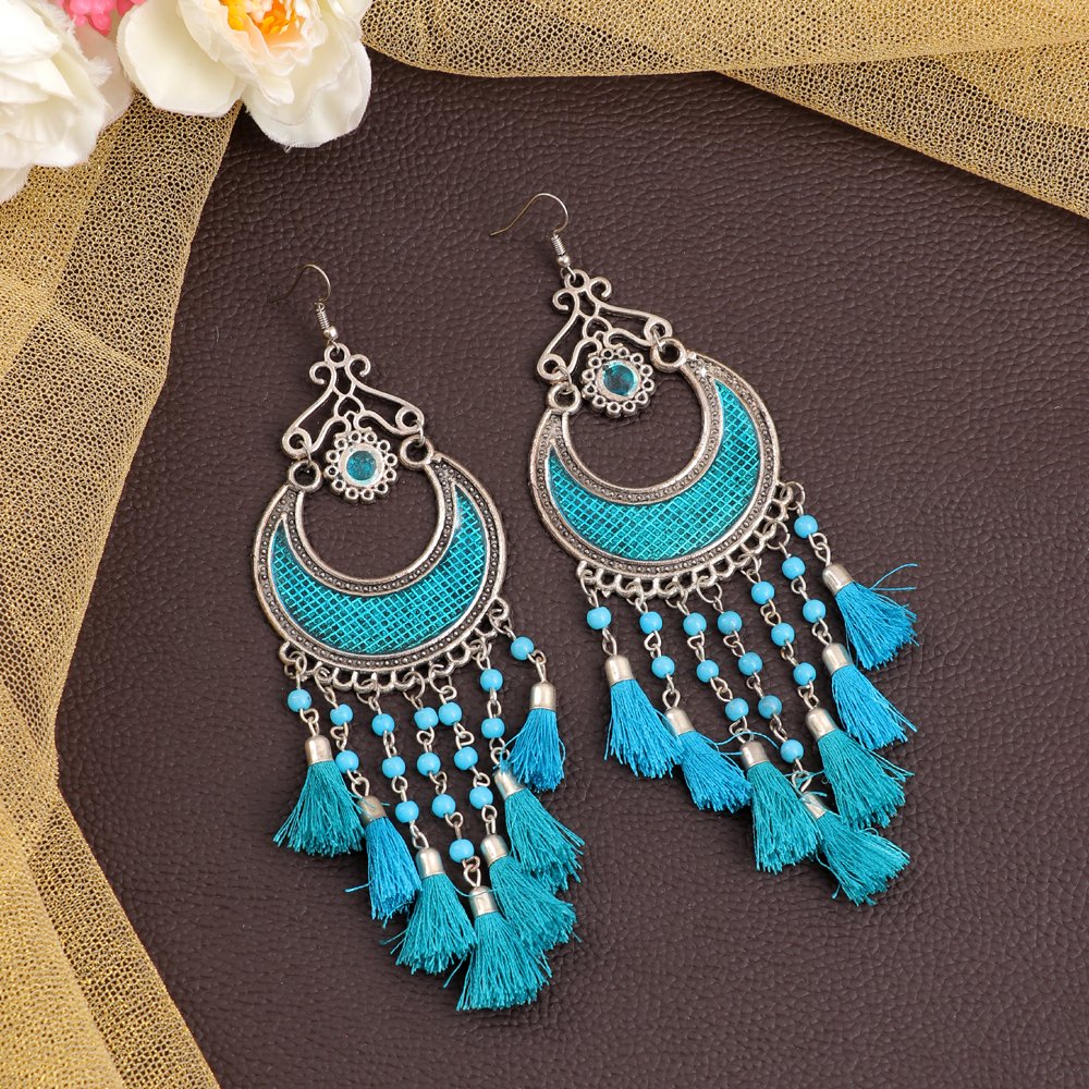 Oxidized Silver-Plated Afghani Style Pearl Tassel Earrings image 0