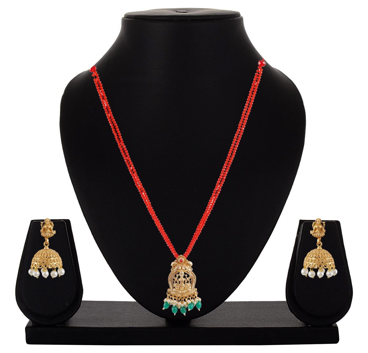 Gold-Plated Ethnic Red Layered Beaded Goddess Lakshmi Necklace Set image 3