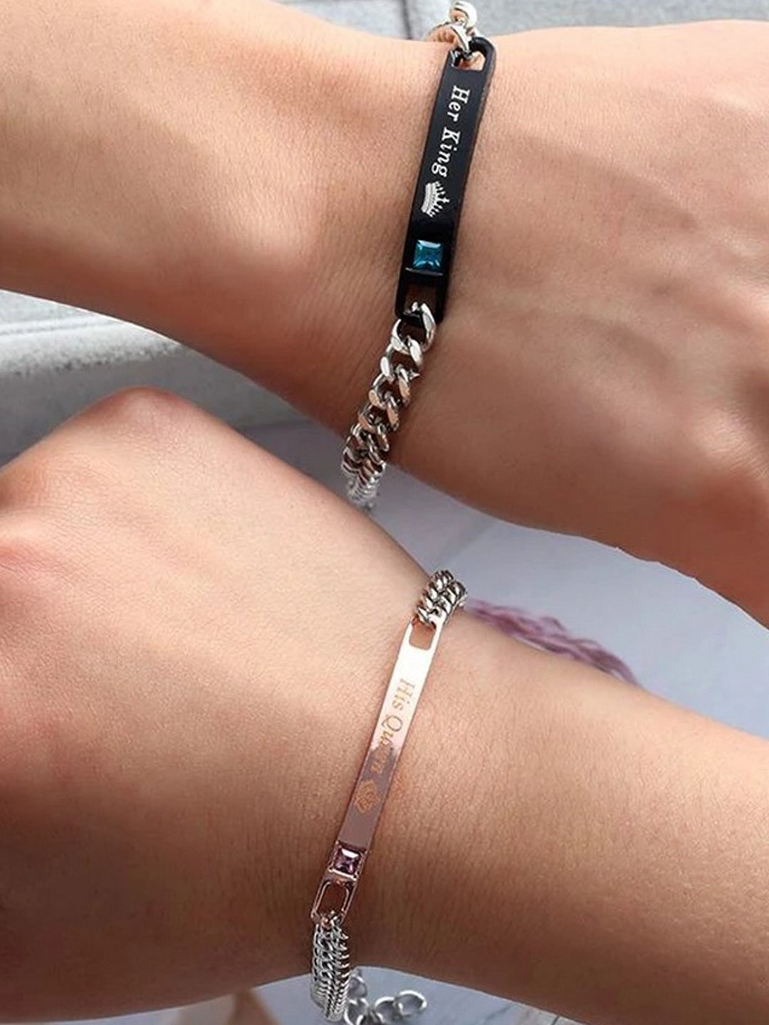 Oxidized Silver Link Chain King & Queen Couple Bracelet image 3