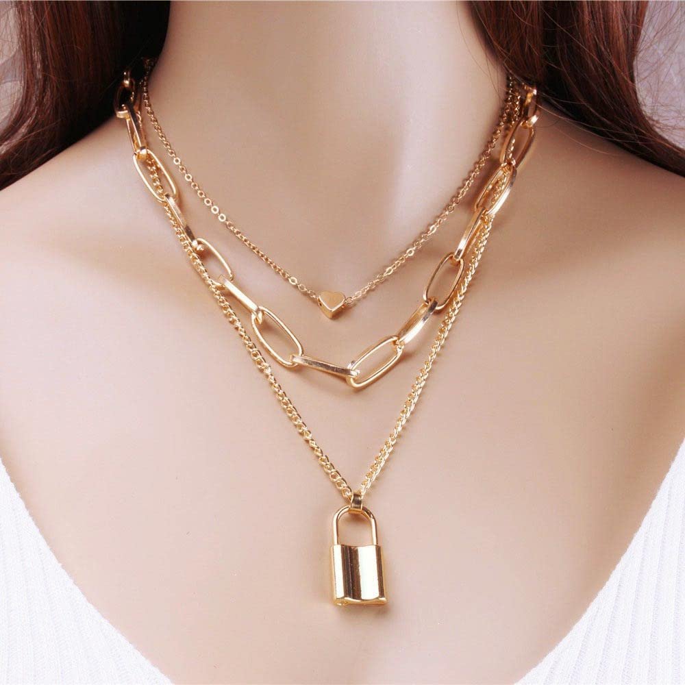 Gold-Plated Multilayer Star Lock Pendant Necklace For Women/Girl's image 3