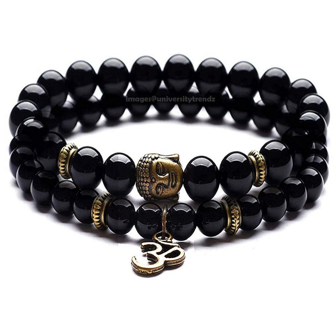 OM Buddha Bracelet Glossy Black Beads image 1