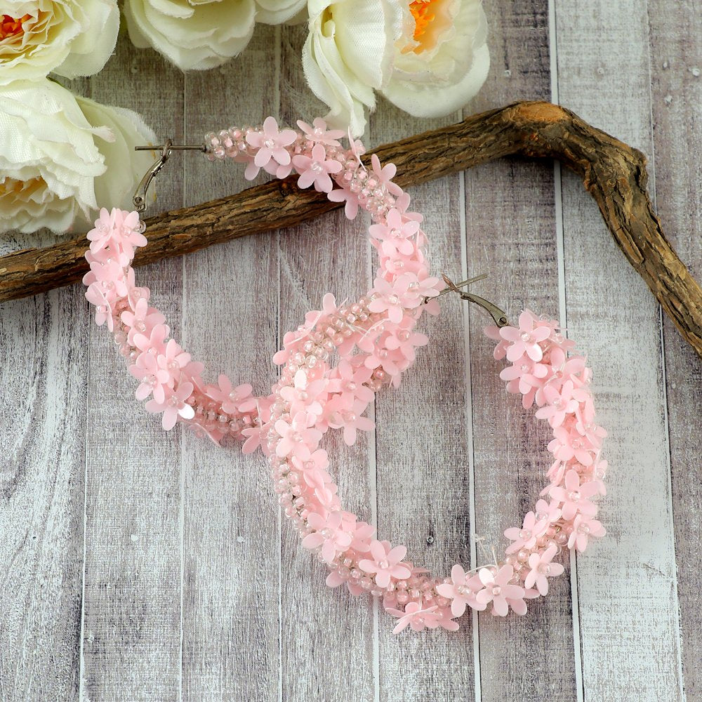 Handcrafted Pink Floral Beaded Hoop Earrings image 3
