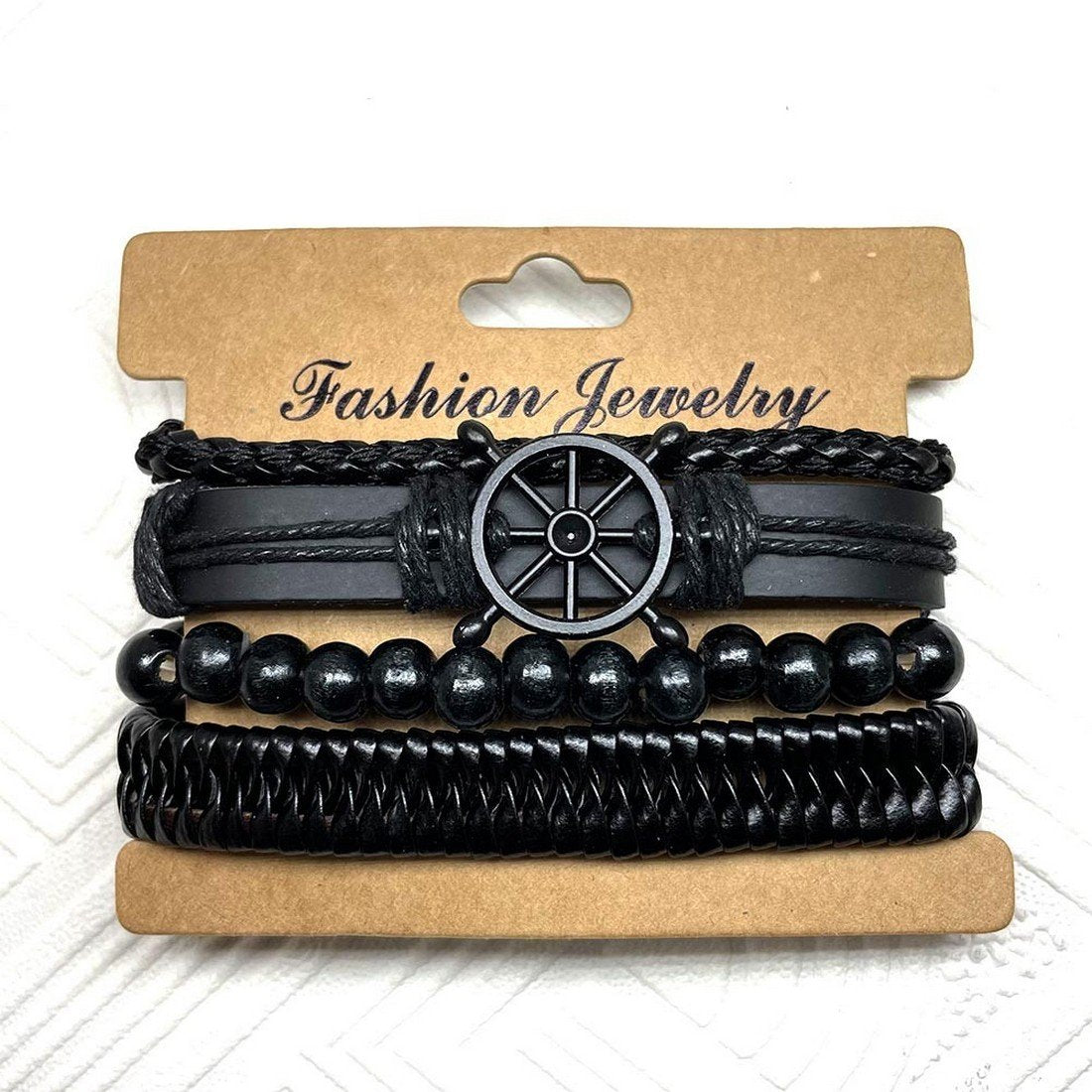 Men's Multi-String Black Beaded Wrap Bracelet with Wheel Design image 2