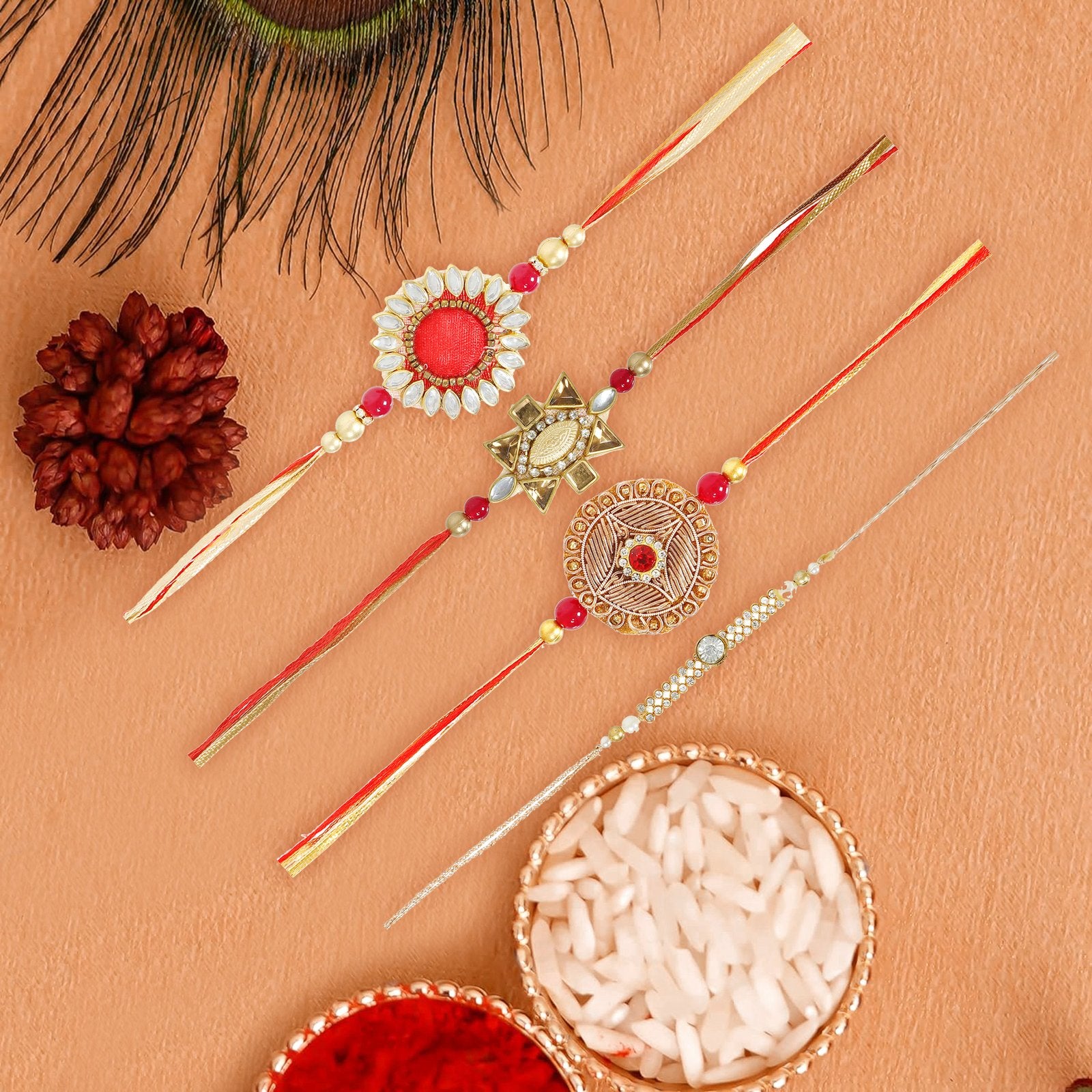 Set of 4 Combo Kundan Zari Beaded Men's Rakhi Set For Brothers With Roli & Chawal image 1