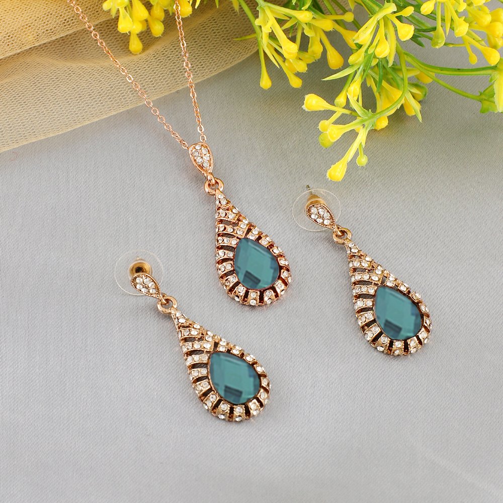 Gold-Plated Green Crystal Retro Drop Necklace & Earring (Jewellery Set) image 0