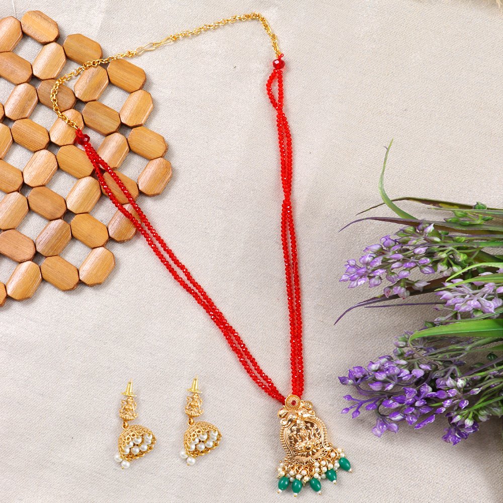 Gold-Plated Ethnic Red Layered Beaded Goddess Lakshmi Necklace Set image 2