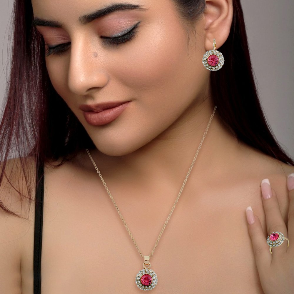 Gold-Plated Pink CrystaL Cubic Zirconia Jewellery Set image 1