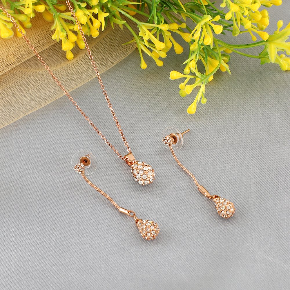 Gold-Plated Korean Design Cubic Zirconia Chain Pendant Necklace& Earring Set image 2