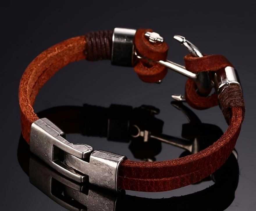 Unisex Silver-Plated Anchor Brown Leather Bracelet image 1