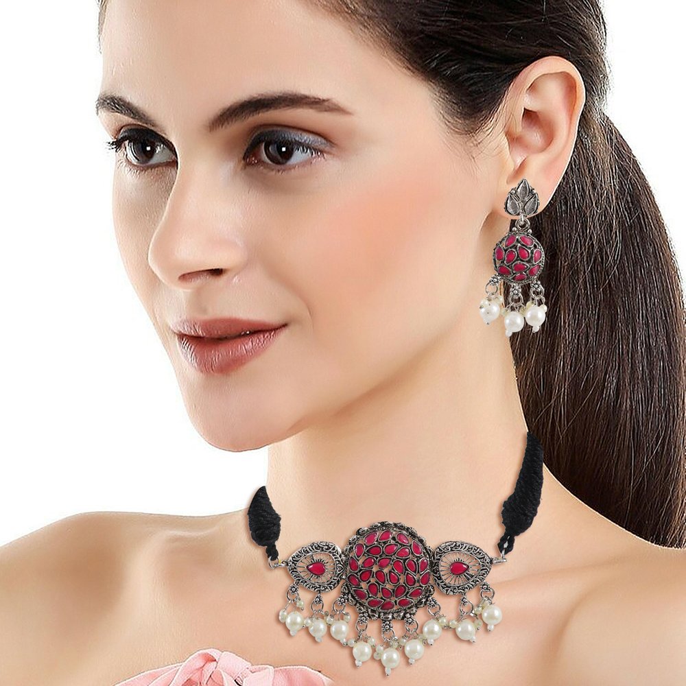 Oxidised Silver Pink Stone Pearl Beaded Jewellery Set image 2