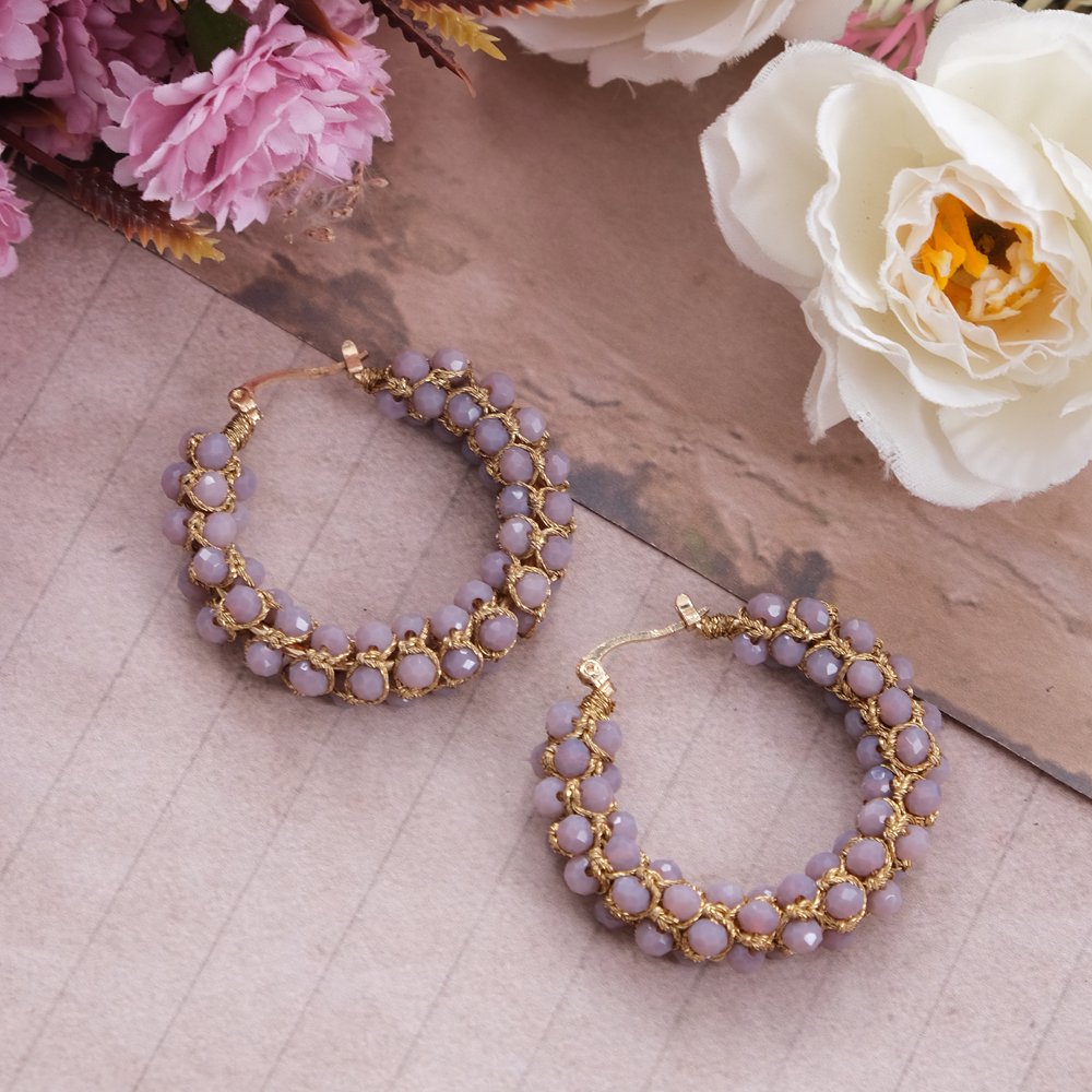 Elegant Gold-Tone Lavender Pearl Beaded Hoop Earrings for Women/Girls image 0