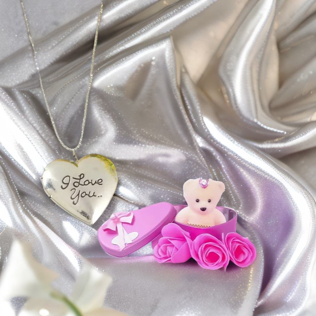 I Love Photo Frame Heart Pendant Chain & Pink Teddy Bear Combo Gift Set image 2