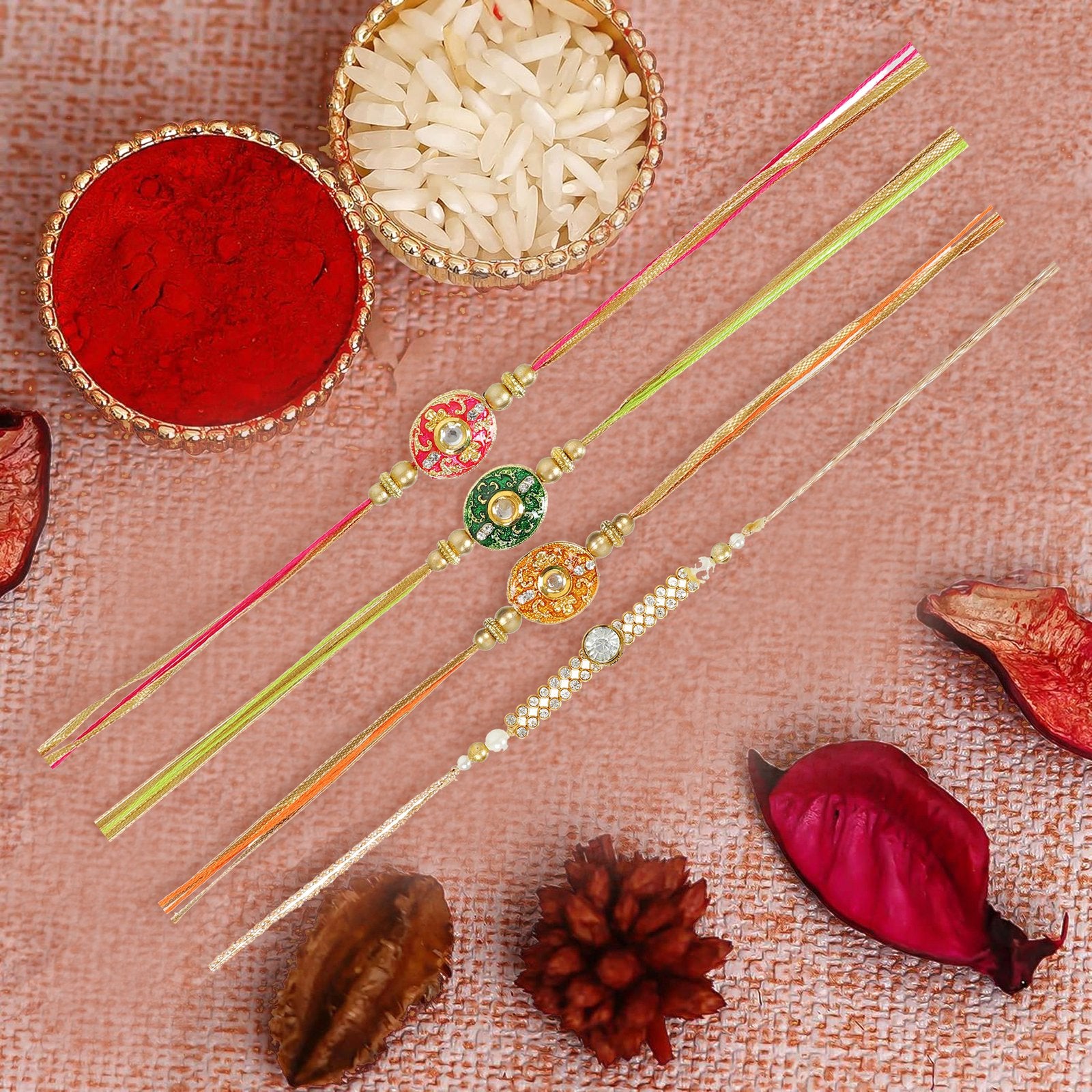 Set of 4 Kundan Beaded Handcrafted Rakhi Set For Brother image 0