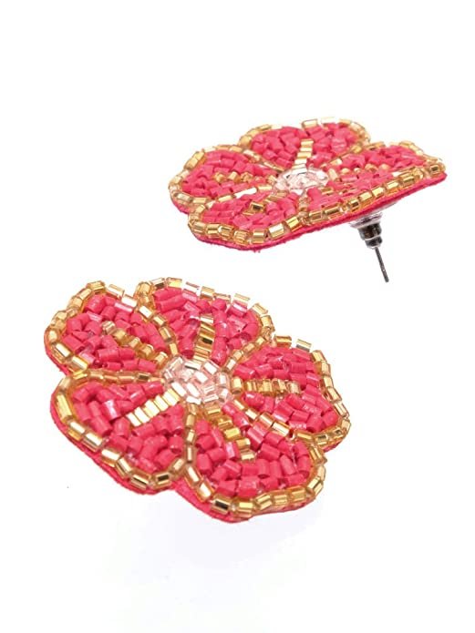 Handmade Red Floral-Beaded Stud Earrings image 1