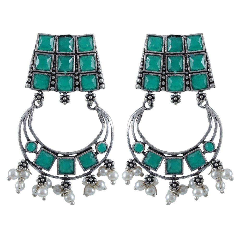 Oxidised Silver Green Stone Stud Earring For Women/Girl's image 4
