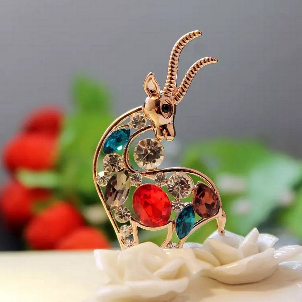 Gold-Plated Multicolor Crystal Studded Goat Style Brooch for Unisex image 2