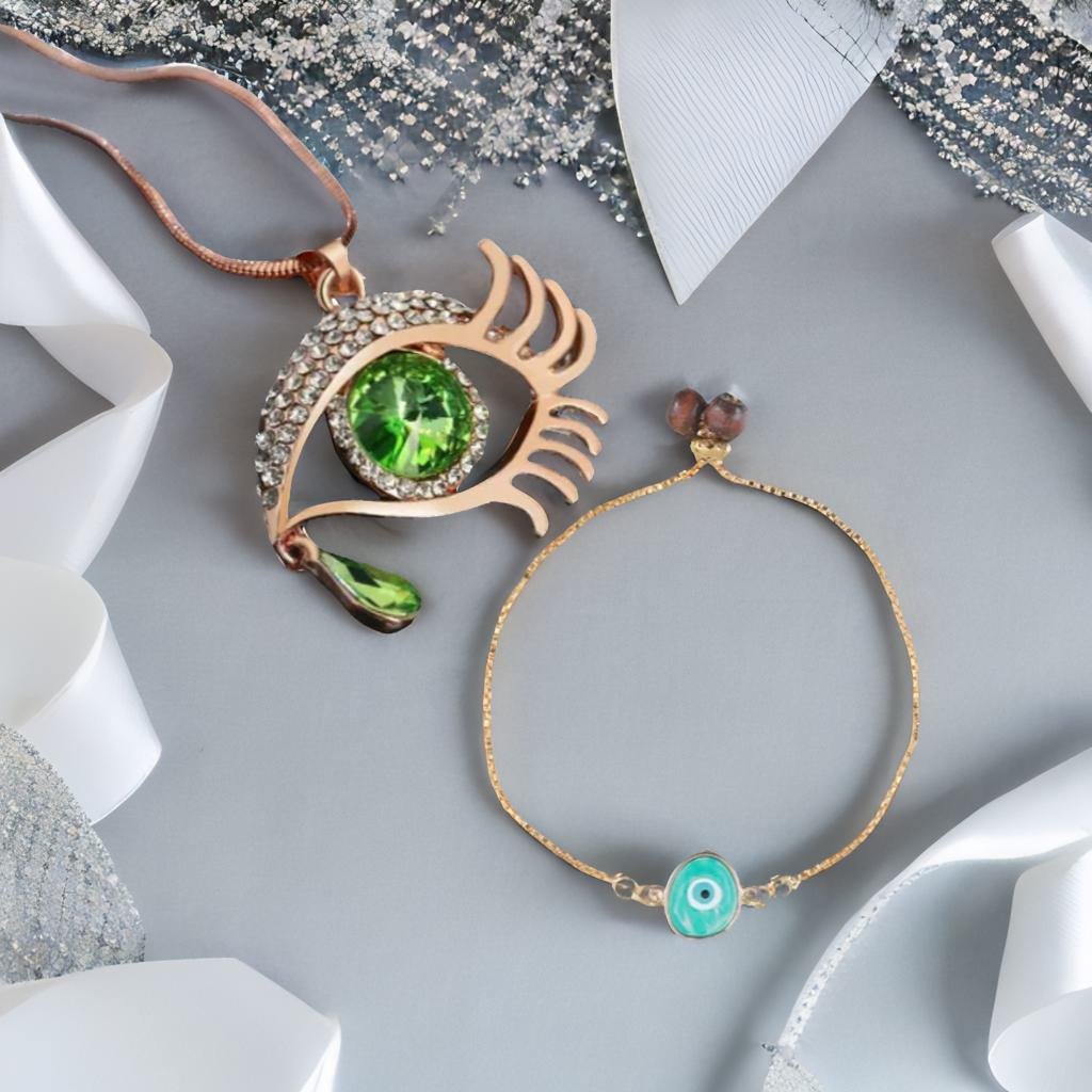 Valentine's Day Jewelry Gift Set Angel Green Eye Pendant Chain Necklace with Green Bracelet image 0