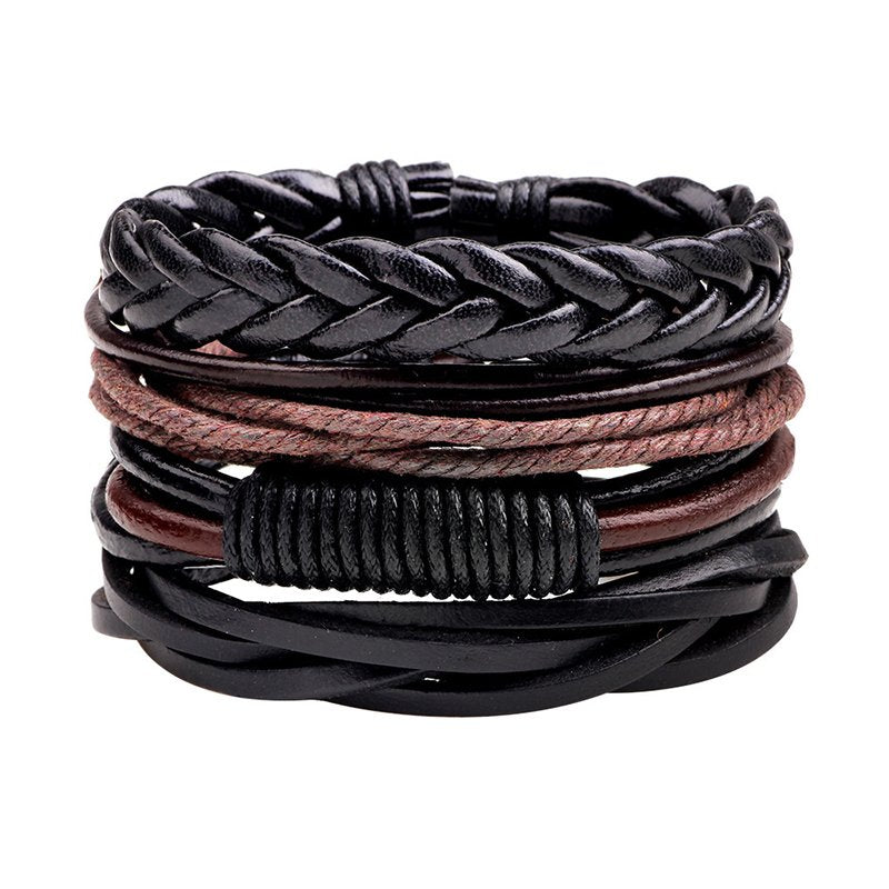 Men's Casual Black & Brown Multi-String Wrap Bracelet Set (4 Pieces) image 2