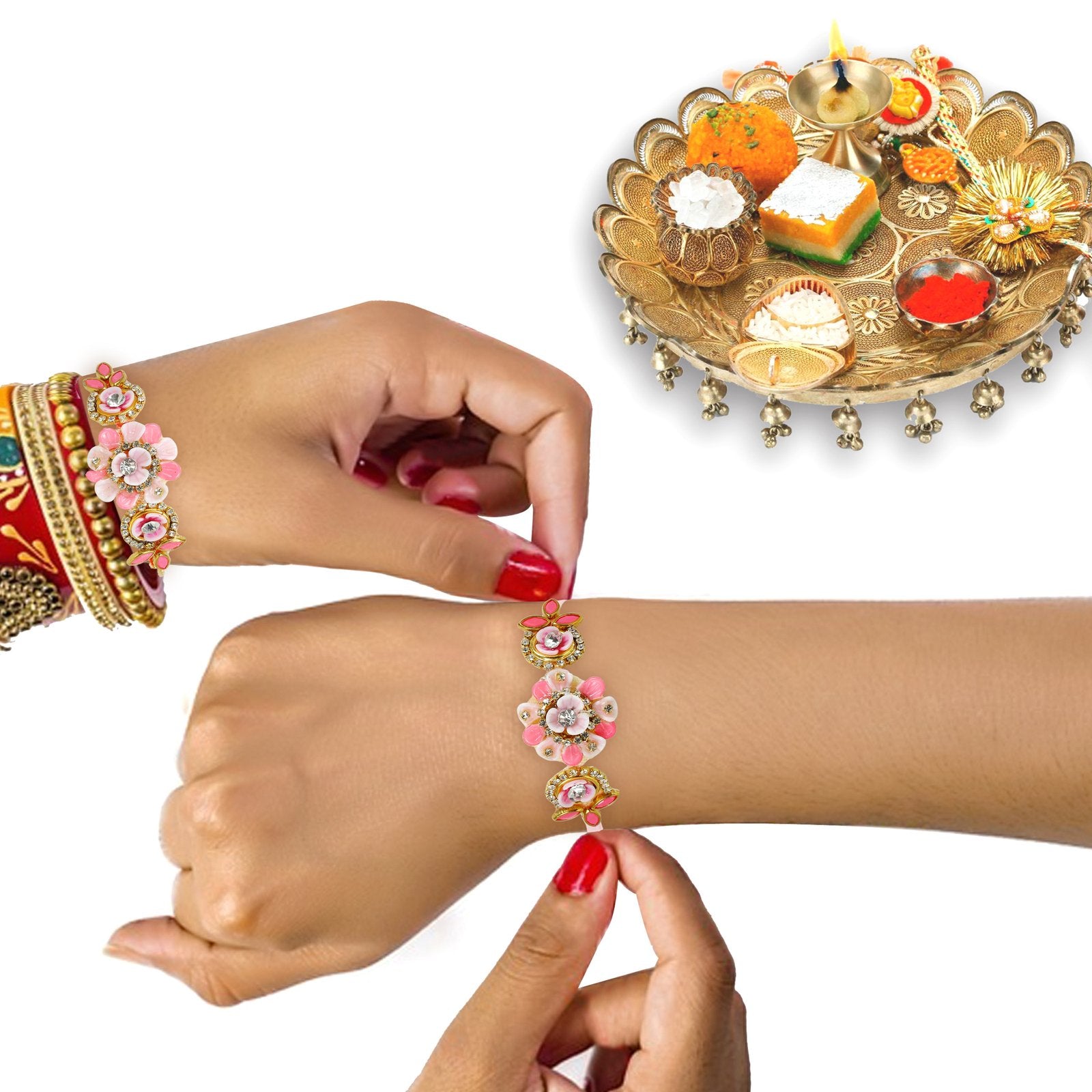 Pink Floral Kundan Zari Design Bhaiya Bhabhi Rakhi Set image 3