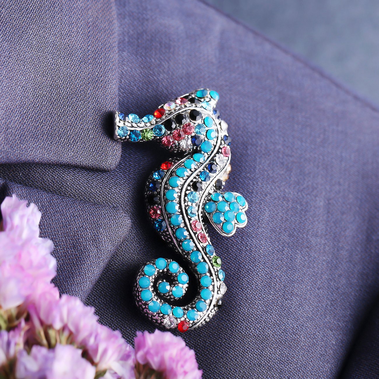 Silver-Plated Blue Crystal Sea Horse Brooch image 3