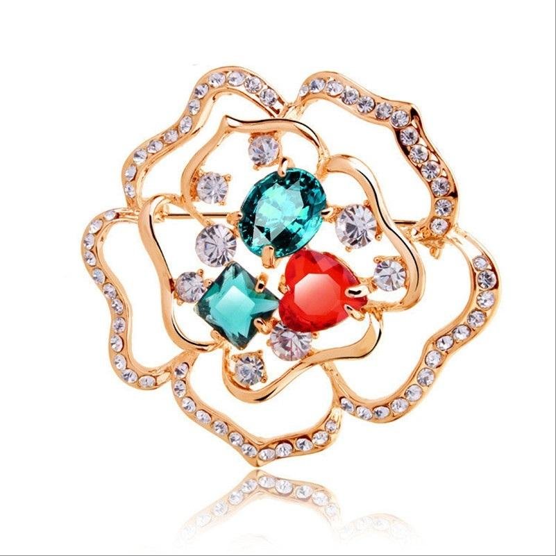 Gold-Plated Red & Green Floral Brooch Cum Saree Pin For Women/Girls image 4