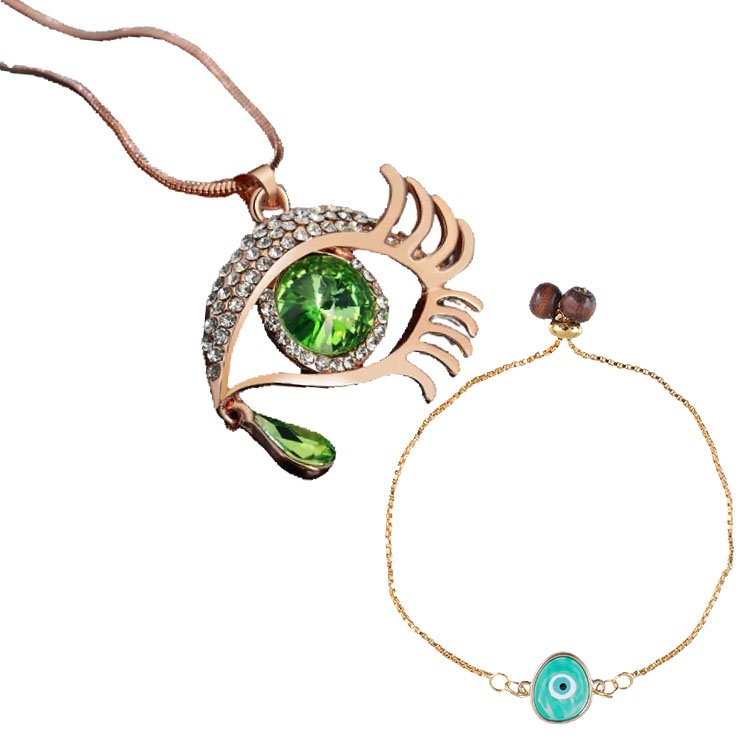 Valentine's Day Jewelry Gift Set Angel Green Eye Pendant Chain Necklace with Green Bracelet image 3