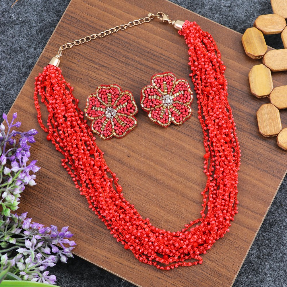 Handcrafted Red Beaded peral Jewellery Set image 0
