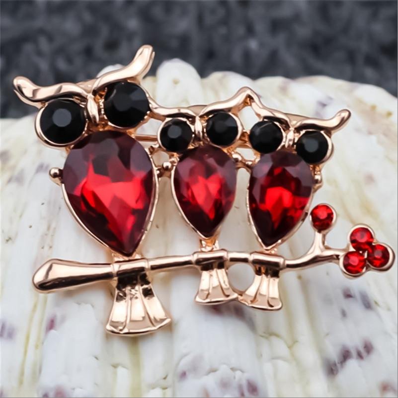 Gold-plated Red Crystal Triple Owl Brooch image 2