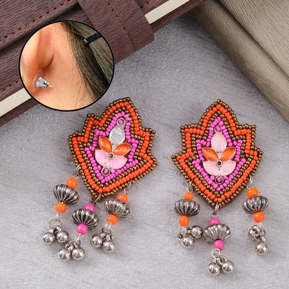 Handcrafted Beaded Pink/Orange Dangler Earrings for Women/Girl's image 4