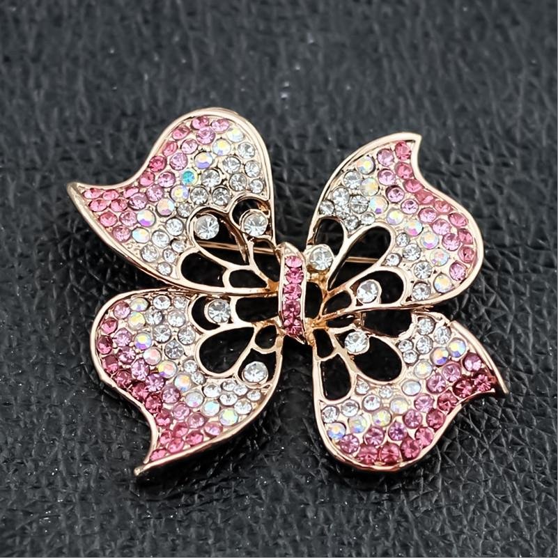 Gold-tone Pink Crystal Floral Shape Brooch For Women/Girl's image 2