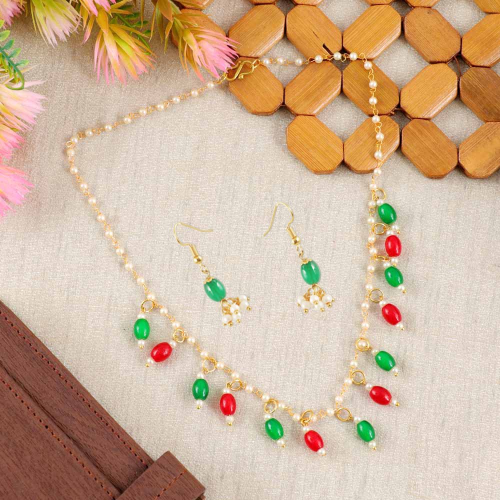 Gold-Plated Red & Green Pearl Beads Chain Jewellery Set image 1