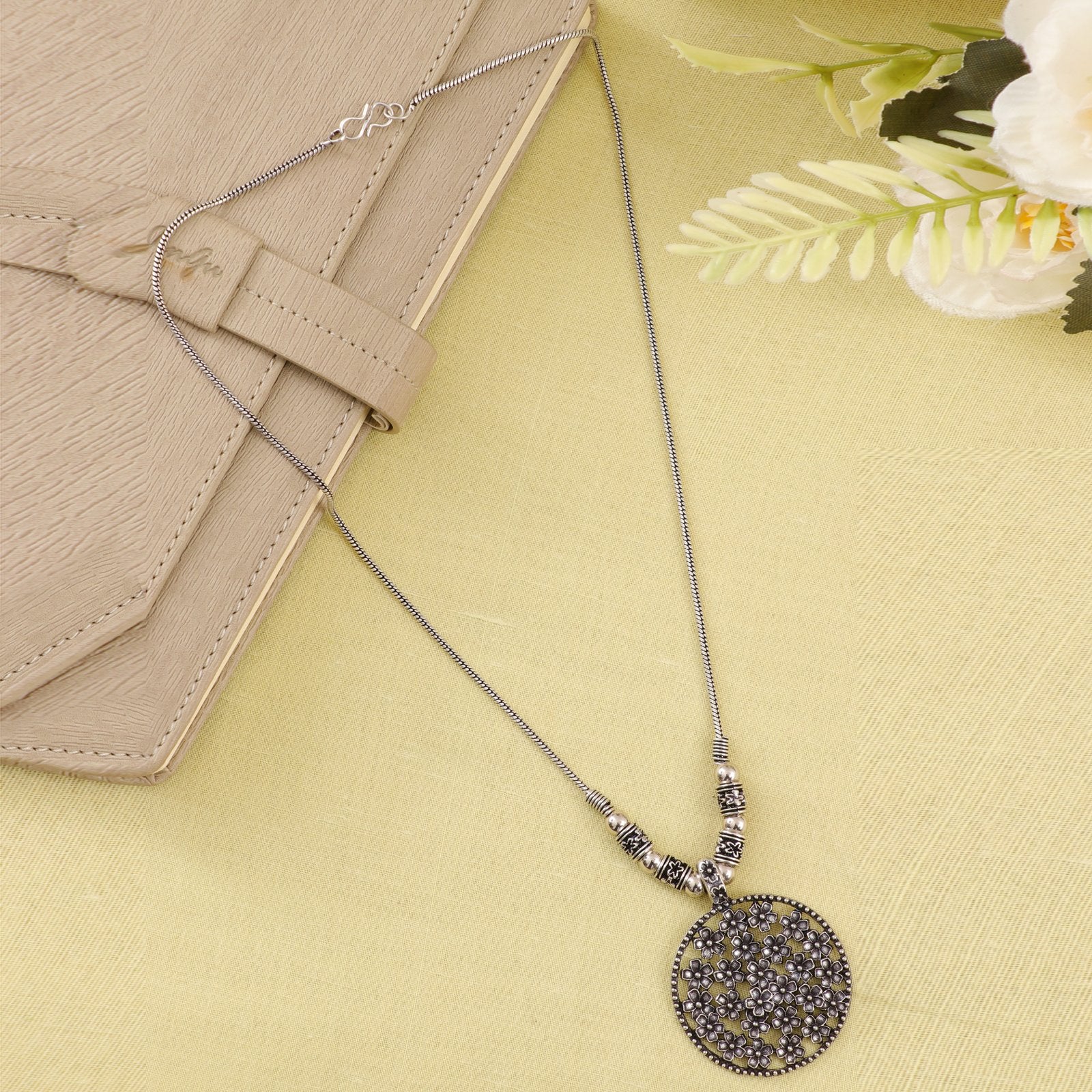 Oxidised Silver Long Floral Pendant Necklace image 0