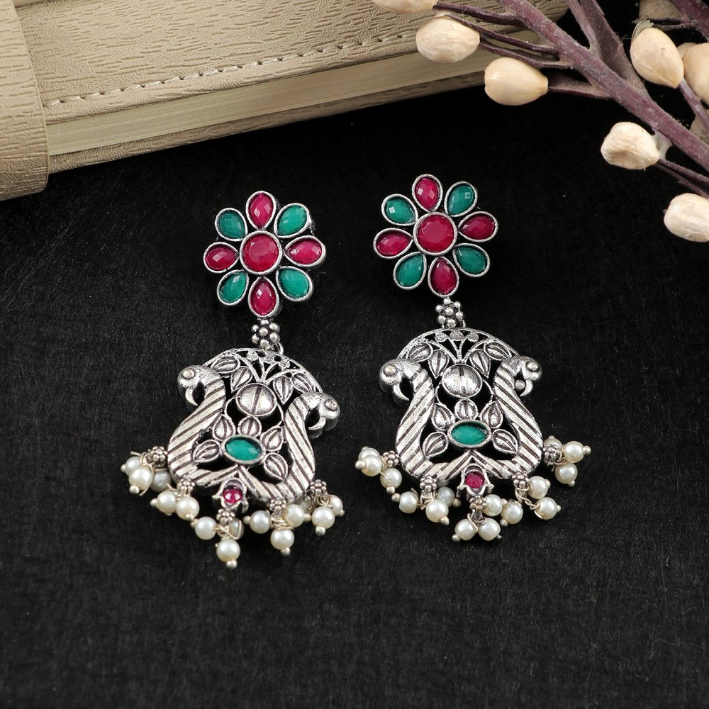 Oxidised Silver Red & Green Stone Peacock Earrings image 0