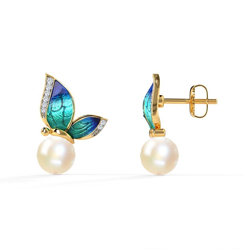 Gold-Plated Blue Butterfly Pearl Stud Earring For Women/Girl's image 2
