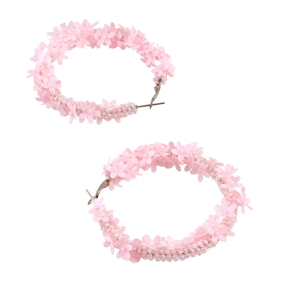 Handcrafted Pink Floral Beaded Hoop Earrings image 1