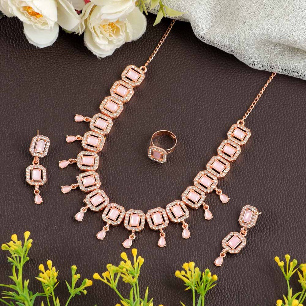 Rose Gold American Diamond A/D Pastel Pink Crystal Studded Sleek Choker Jewellery Set With Ring image 0