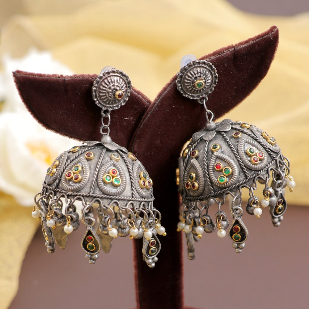 Oxidized Silver Celebrity-Inspired Jhumki Earrings image 0