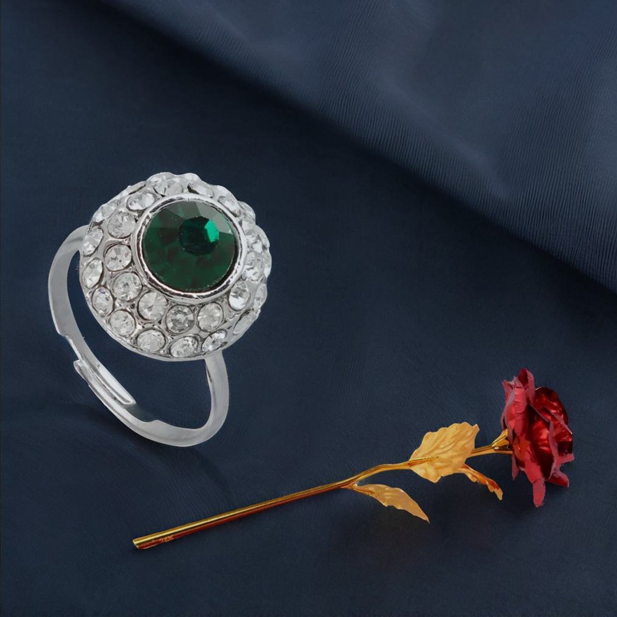 Valentine's Day Gift Set Green Stone Ring & Red Rose Combo image 0