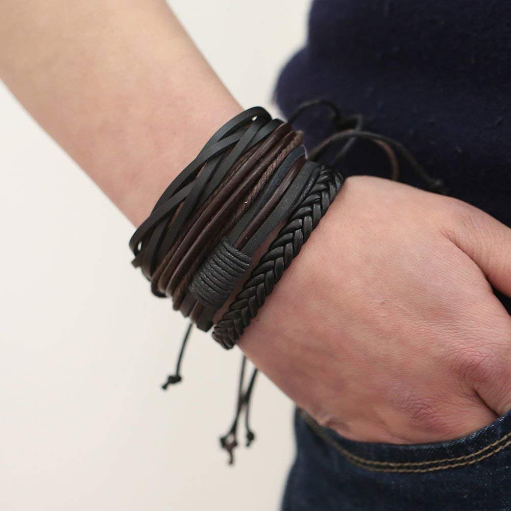 Men's Casual Black & Brown Multi-String Wrap Bracelet Set (4 Pieces) image 4